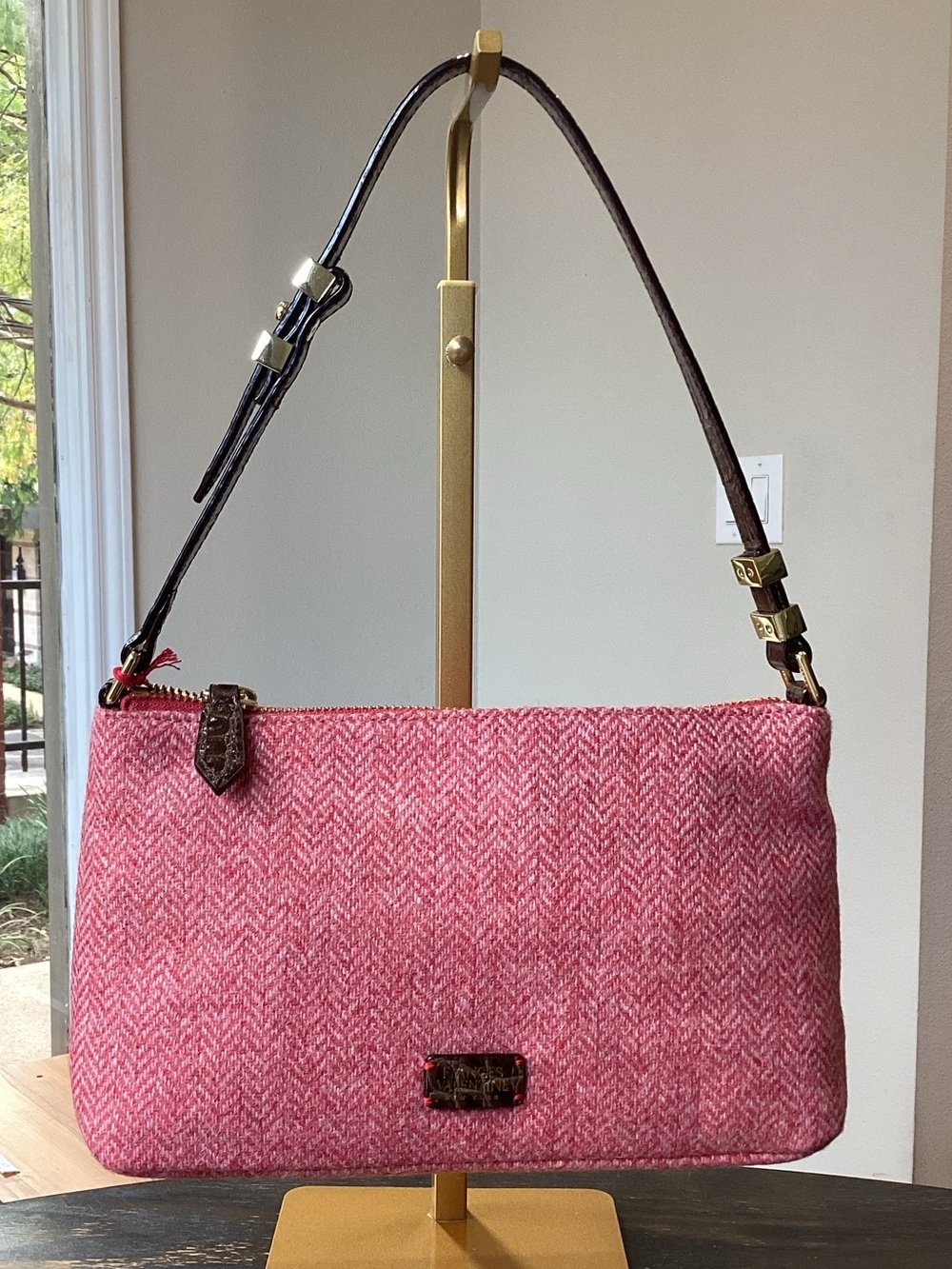 Frances Valentine Freddie Pink Herringbone Soft Pouch Shoulder Bag